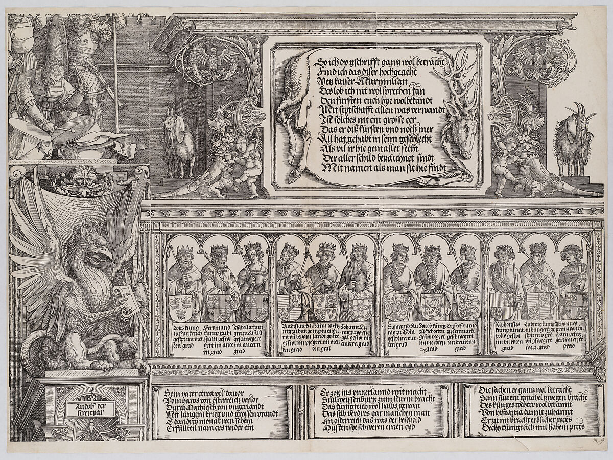 The Upper Section of the Right Portal, with the Inscription on a Stag Skin; a Frieze with Busts of Roman Emperors; and the Entablature of the Columns, from the Arch of Honor, proof, dated 1515, printed 1517-18, Albrecht Dürer (German, Nuremberg 1471–1528 Nuremberg), Woodcut and letterpress 