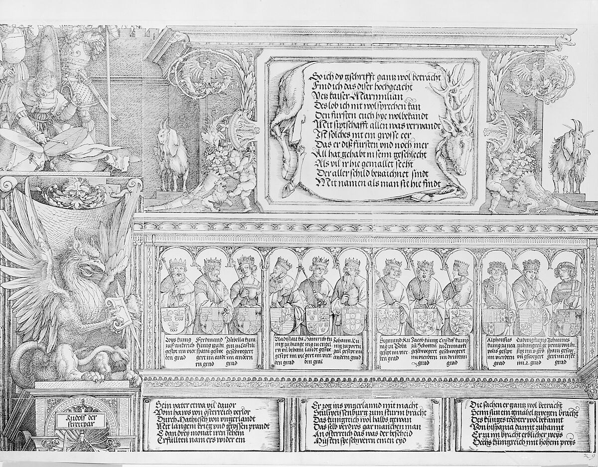 The Upper Section of the Right Portal, with the Inscription on a Stag Skin; a Frieze with Busts of Roman Emperors; and the Entablature of the Columns, from the Arch of Honor, proof, dated 1515, printed 1517-18, Albrecht Dürer (German, Nuremberg 1471–1528 Nuremberg), Woodcut and letterpress