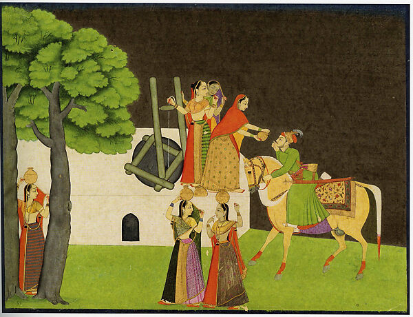 The Meeting of the Eyes, Manaku (Indian, active ca. 1725–60), Opaque watercolor and gold on paper, India (Guler, Himachal Pradesh) 