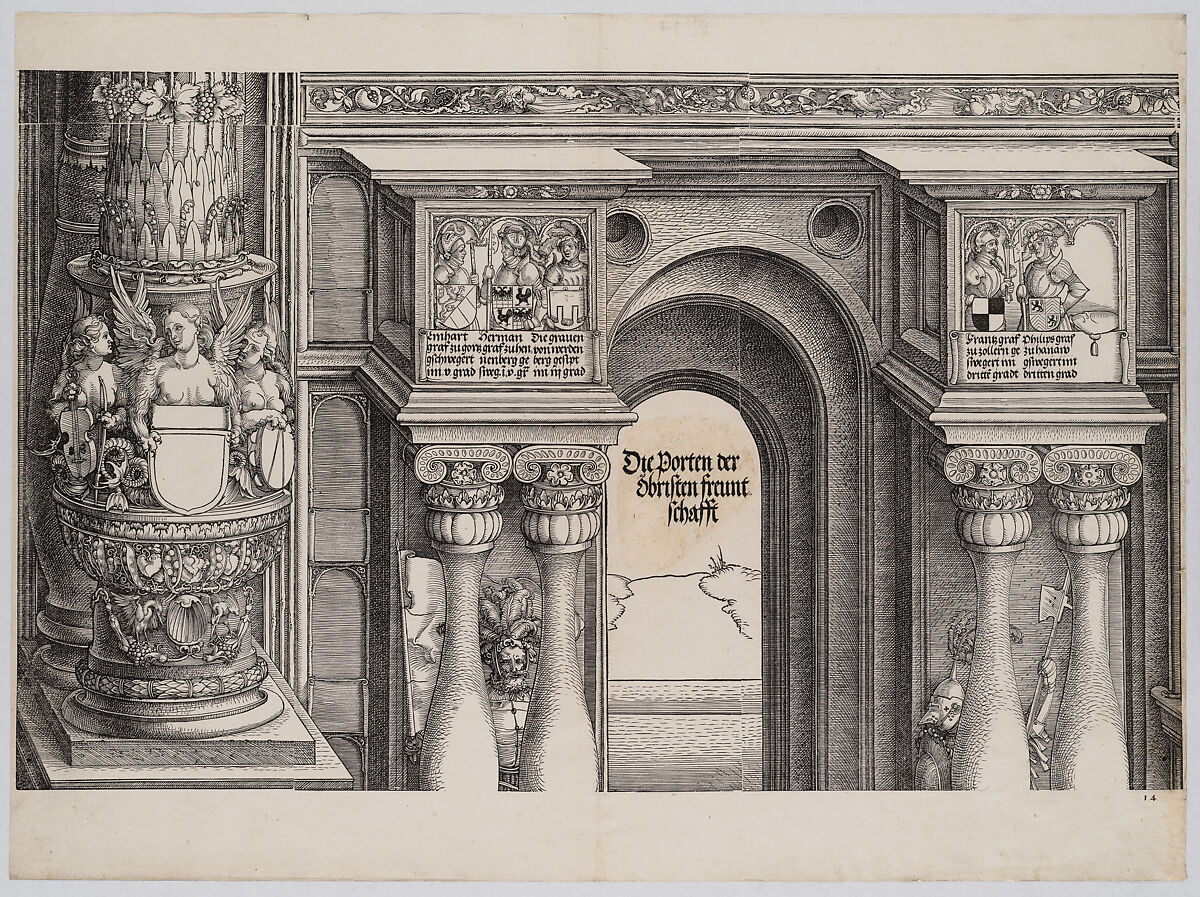 The Arch in the Entryway of the Right Portal (Die Porten des Adels); and the Outer Right Column of the Central Portal, from the Arch of Honor, proof, dated 1515, printed 1517-18, Albrecht Dürer (German, Nuremberg 1471–1528 Nuremberg), Woodcut and letterpress