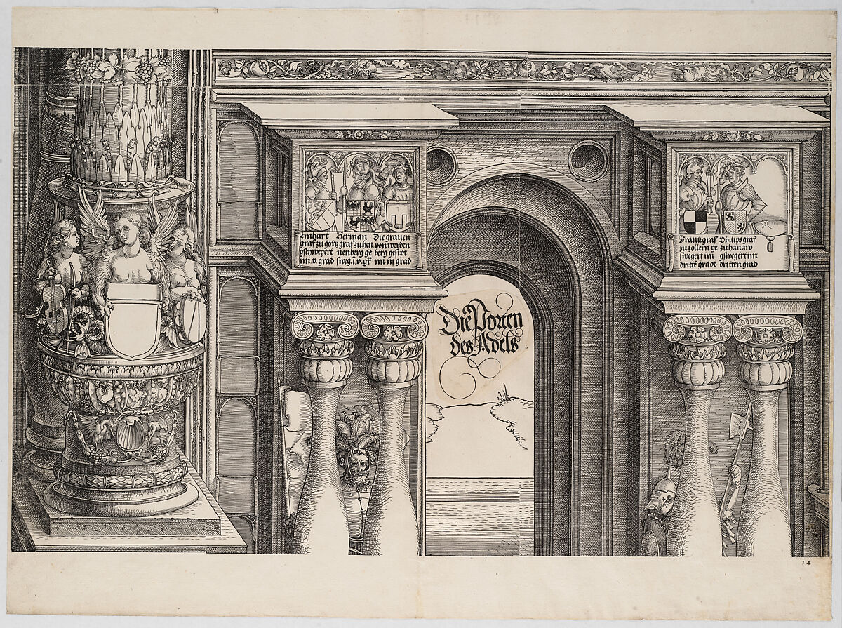 The Arch in the Entryway of the Right Portal (Die Porten des Adels); and the Outer Right Column of the Central Portal, from the Arch of Honor, proof, dated 1515, printed 1517-18, Albrecht Dürer (German, Nuremberg 1471–1528 Nuremberg), Woodcut and letterpress 