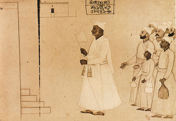 Pandit Hari Haran and Acolytes Approaching a Palace, Attributed to Nainsukh (active ca. 1735–78), Ink on paper, India (Guler, Himachal Pradesh) 