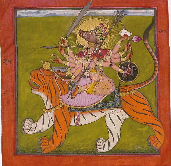 The Boar-faced Goddess Varahi Riding her Tiger: Folio from a Tantric Devi Series, Attributed to Kripal of Nurpur (active ca. 1660–90), Opaque watercolor, gold, and beetle-wing cases on paper, India (Nurpur, Punjab Hills) 
