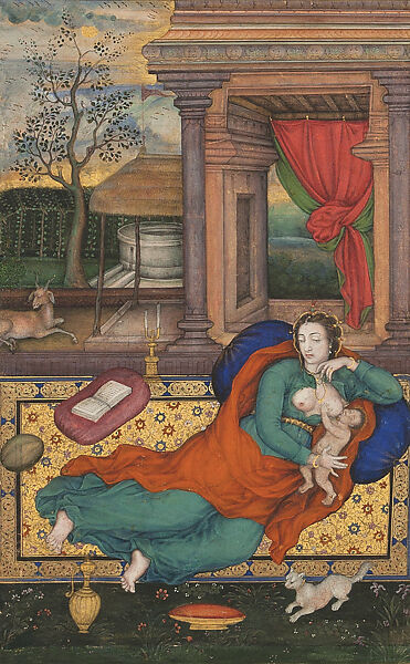 Mother and Child with a White Cat: Folio from a Jahangir Album, Attributed to Manohar (active ca. 1582–1624) or Basawan, Opaque watercolor and gold on paper, India (Mughal court at Delhi) 