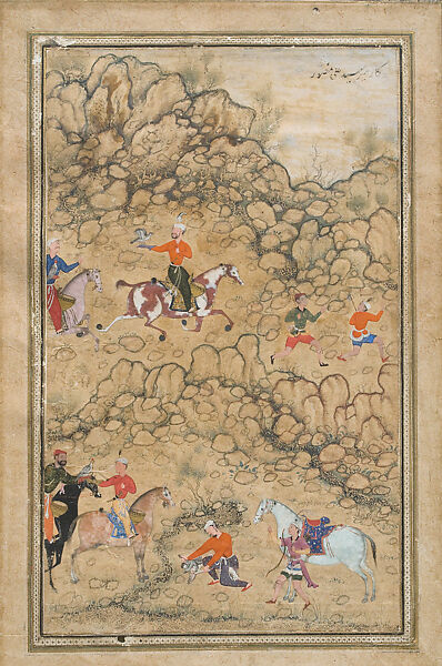 Prince Akbar and Noblemen Hawking, Probably Accompanied by His Guardian Bairam Khan, Attributed to &#39;Abd al-Samad (Iranian, Shiraz ca. 1505/15–ca. 1600), Opaque watercolor and ink on paper, India (Mughal court at Delhi) 