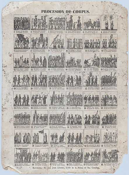 Broadside with 48 scenes illustrating the procession of the Corpus Christi, Saourni (Spanish, 19th century), Wood engraving on buff paper 