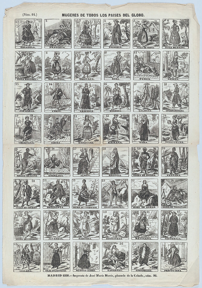 Broadside with 48 scenes showing different women of the world, José Noguera (Spanish, 19th century), Wood engraving 