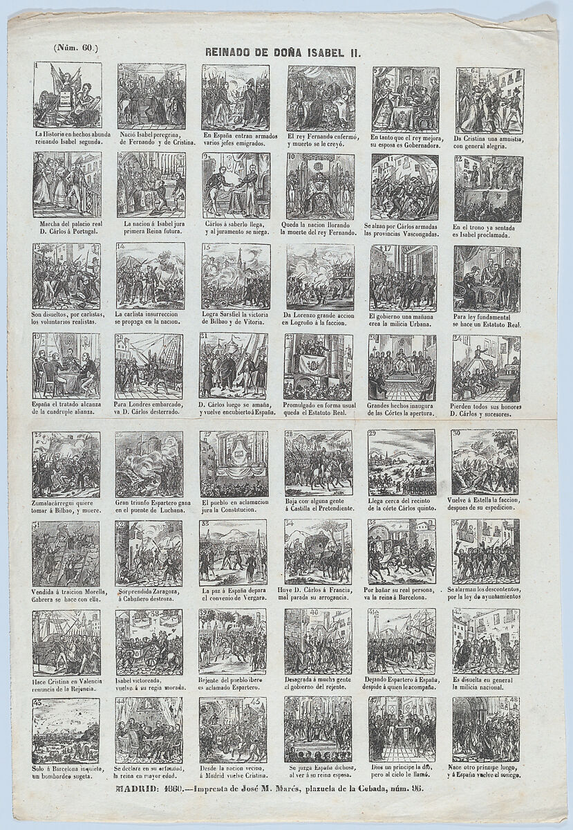 Broadside with 48 scenes relating to the reign of Queen Isabel II, José Noguera (Spanish, 19th century), Wood engraving 