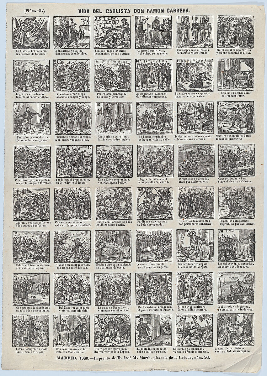 Broadside with 48 scenes relating to life of the Carlist general of Spain, Ramon Cabrera y Griñó, José Noguera (Spanish, 19th century), Wood engraving 