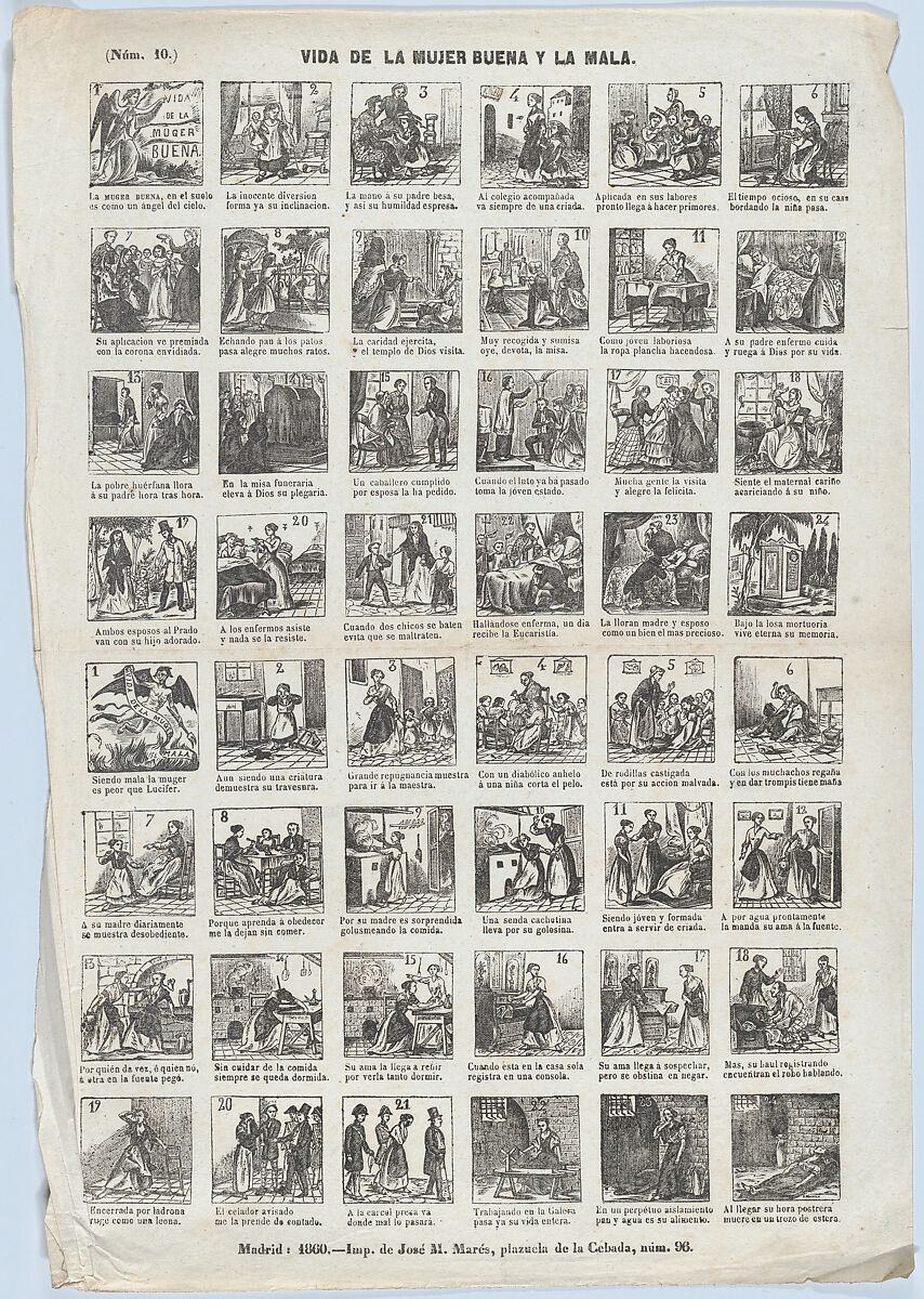 Broadside with 48 scenes relating to the life of a Good Woman (24 upper scenes) and the life of a Bad Woman (24 lower scenes), José María Marés (Spanish, active ca. 1850–70), Woodcut 