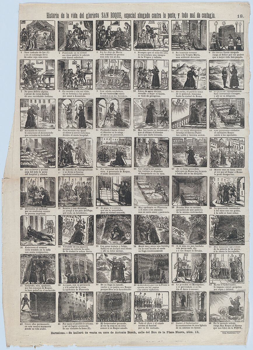 Broadside with 48 scenes relating to the life of Saint Roch (Roque), José Noguera (Spanish, 19th century), Wood engraving 
