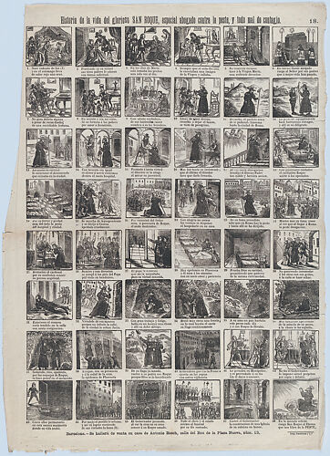 Broadside with 48 scenes relating to the life of Saint Roch (Roque)