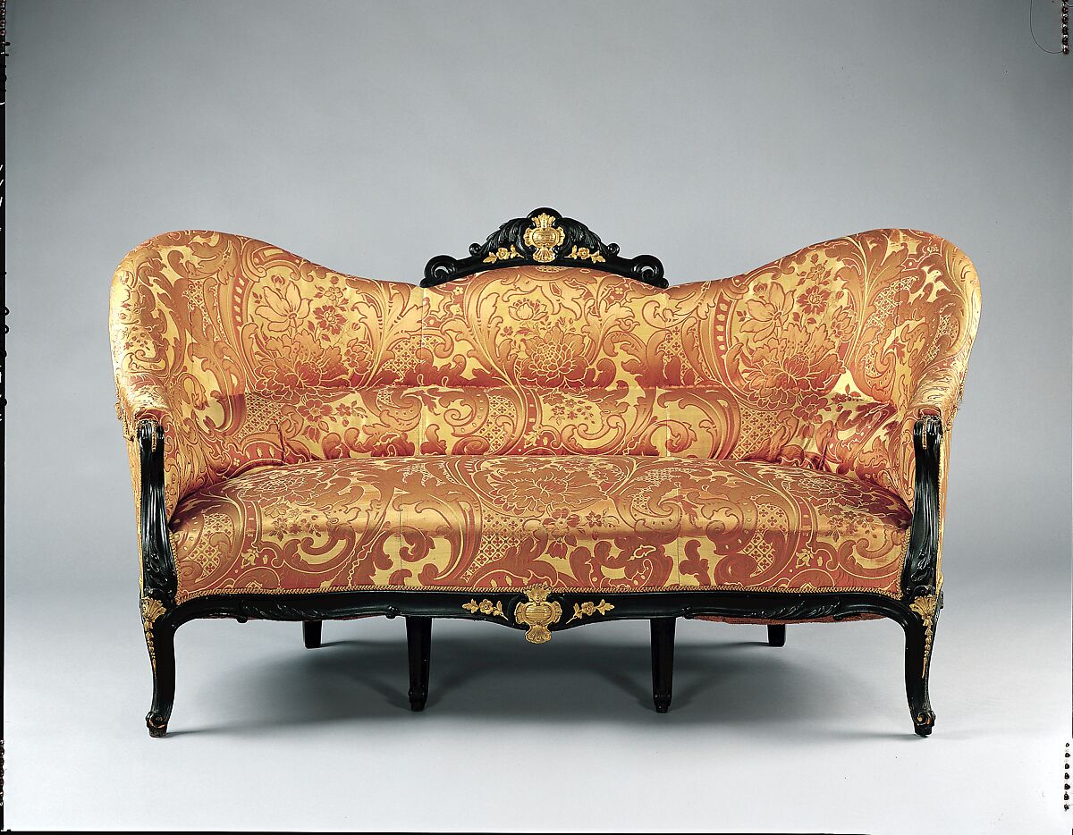 Sofa, Auguste-Emile Rinquet-Leprince (1801–1886), Applewood or pearwood, ebonized walnut, beech, gilt-bronze mounts; original under upholstery and show cover, American or French