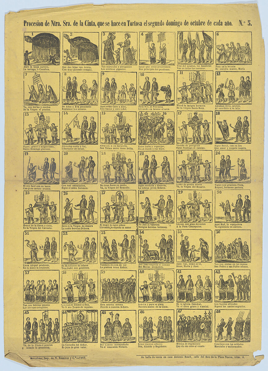 Broadside with 48 scenes relating to the procession of Our Lady of Cinta (Tortosa), José Noguera (Spanish, 19th century), Wood engraving on yellow paper 