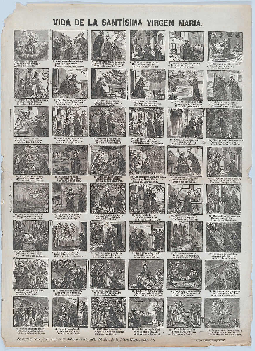 Broadside with 48 scenes of the life of the Virgin, José Noguera (Spanish, 19th century), Wood engraving 