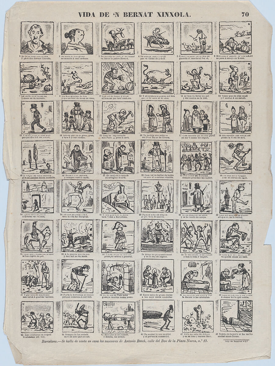 Broadside with 48 scenes relating to the life Bernat Xinxola, Antonio Bosch (Spanish, active Barcelona, ca. 1860–1880), Etching (photo-relief?) 