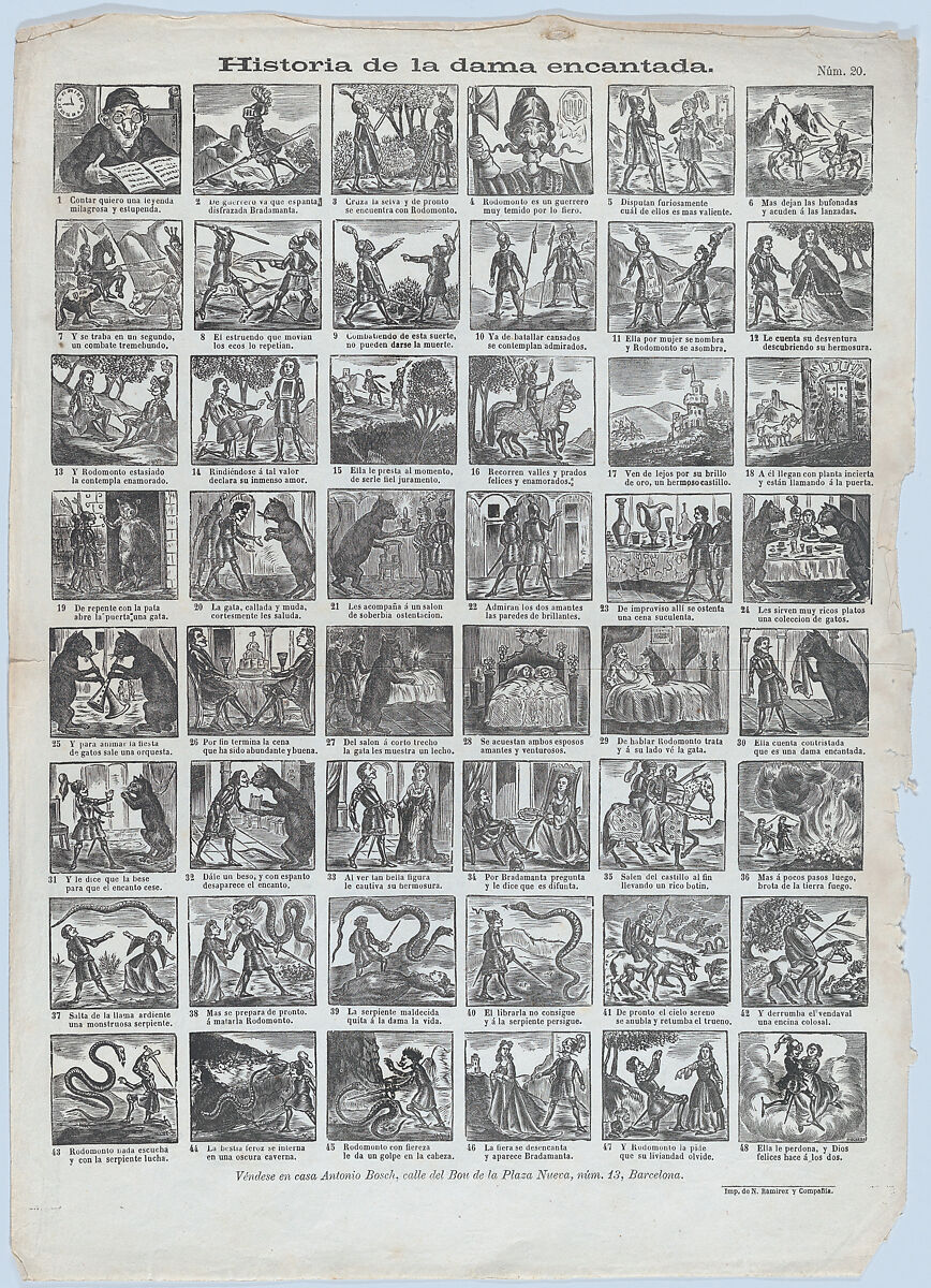 Broadside with 48 scenes relating to the story of the enchanted lady (Dama encantada), José Noguera (Spanish, 19th century), Wood engraving 