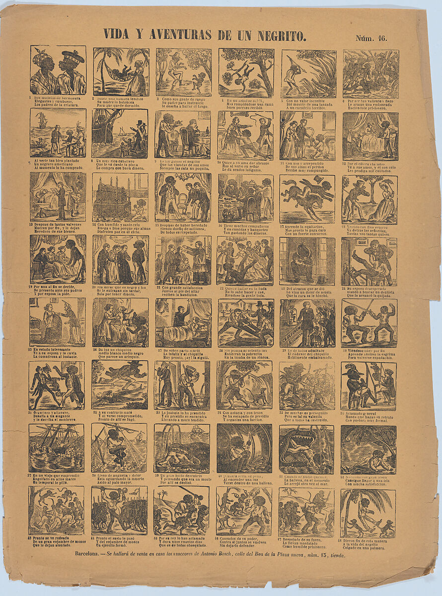 Broadside with 48 scenes relating to the life and adventures of a black man (negrito), José Noguera (Spanish, 19th century), Wood engraving 