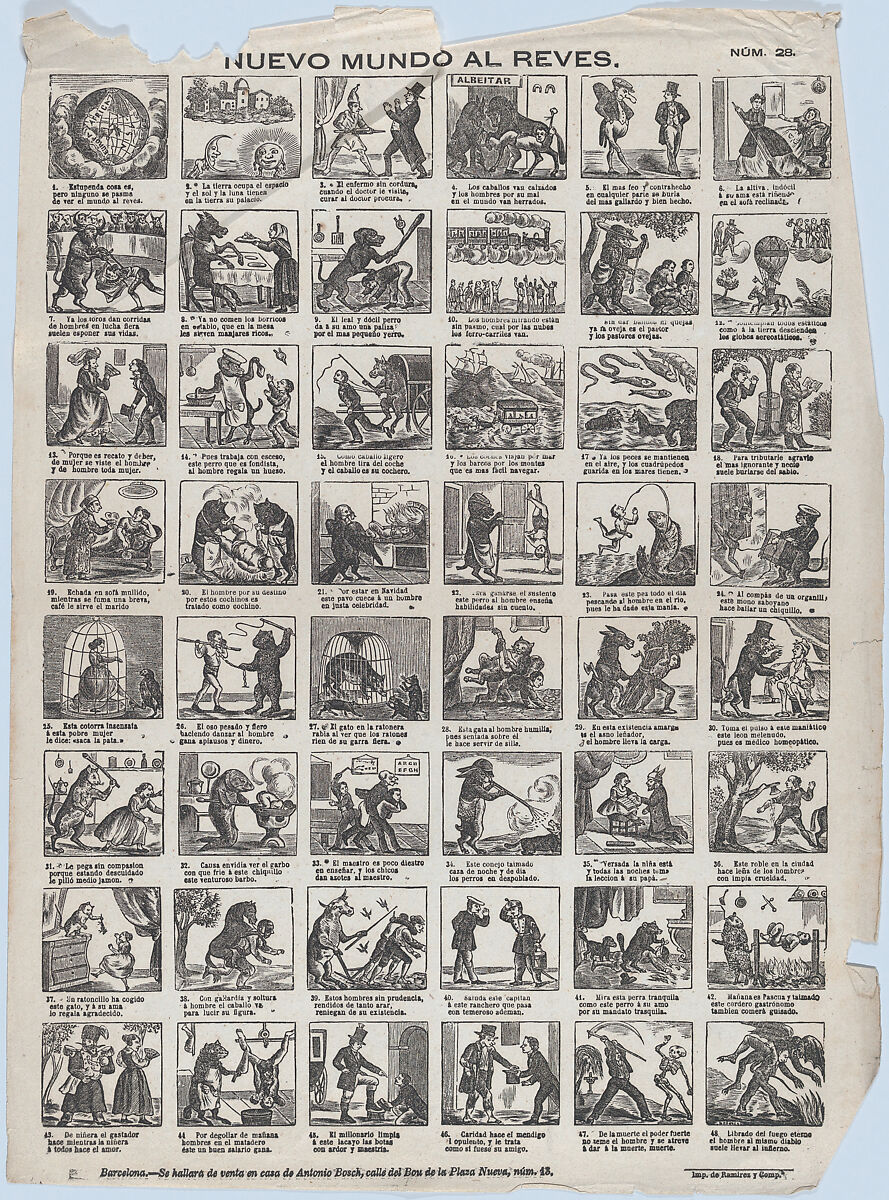 Broadside with 48 scenes relating to the world upside down, José Noguera (Spanish, 19th century), Wood engraving 