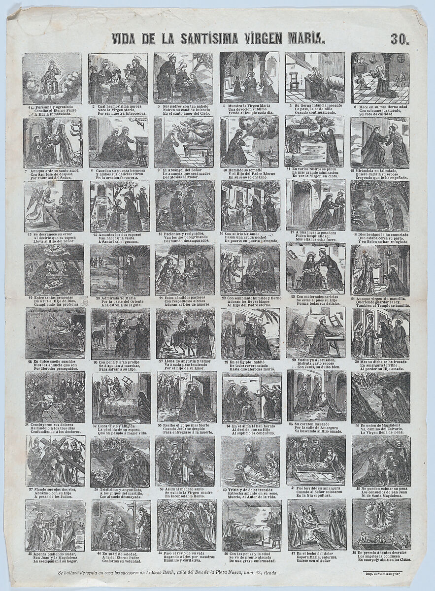 Broadside with 48 scenes of the life of the Virgin, José Noguera (Spanish, 19th century), Wood engraving 