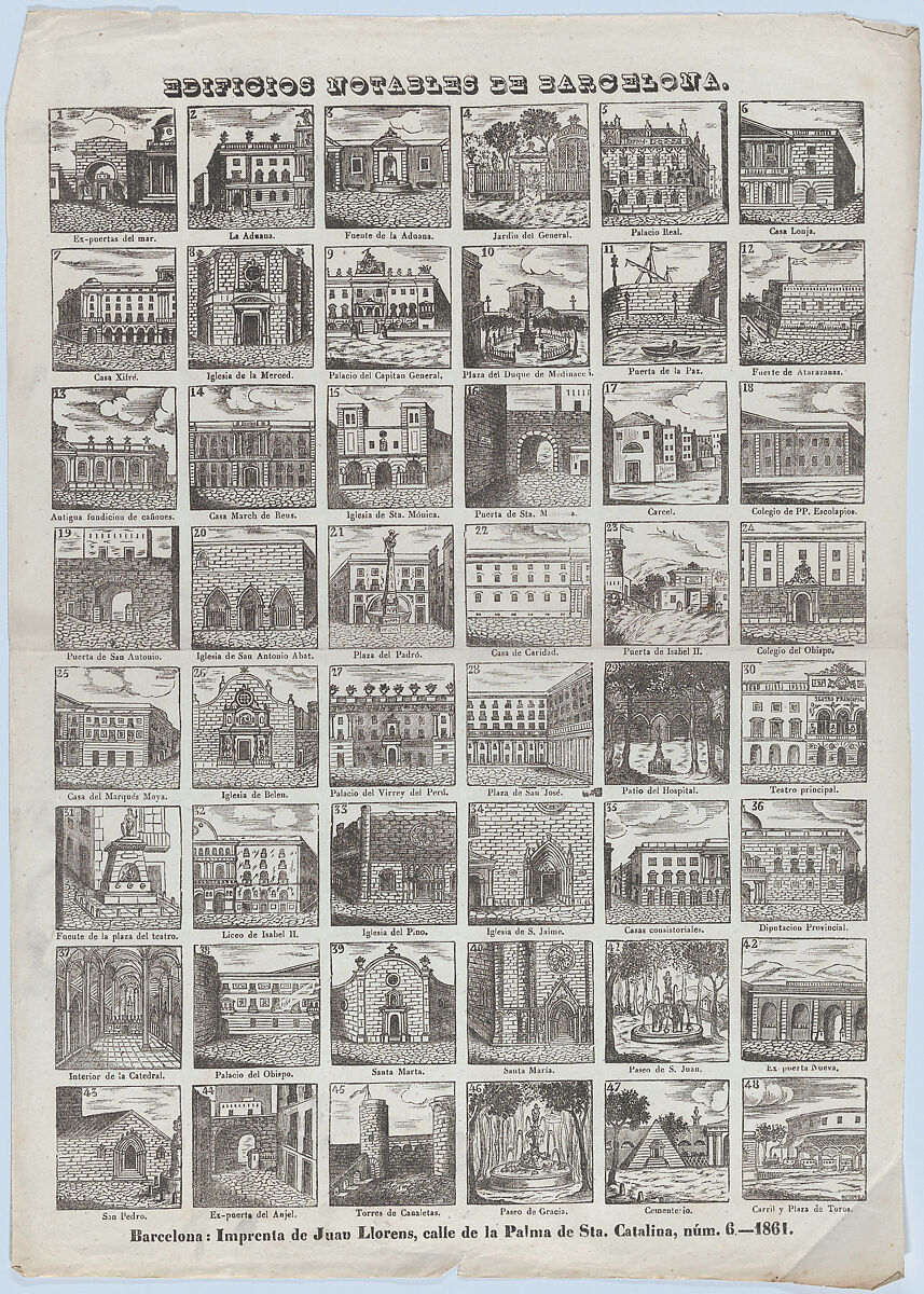 Broadside with 48 views of notable houses in Barcelona, José Noguera (Spanish, 19th century), Wood engraving 