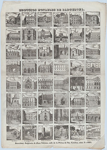Broadside with 48 views of notable houses in Barcelona
