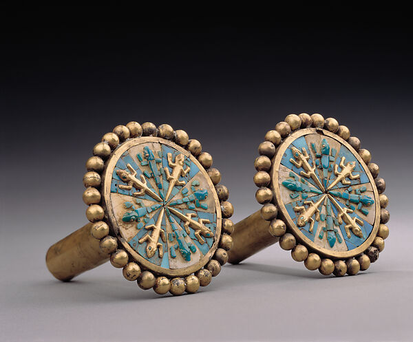 Pair of Ear Ornaments, Gold, shell, stone (turquoise or malachite), Moche 