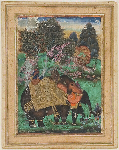 Sultan Ibrahim Adil Shah II Riding His Prized Elephant, Atash Khan, Attributed to Farrukh Beg, Opaque watercolor and gold on paper, India (Bijapur, Deccan) 