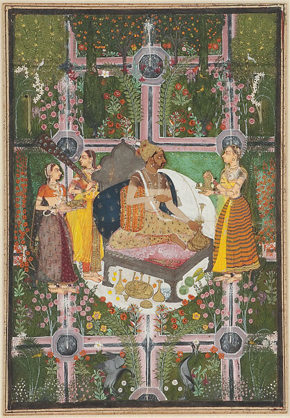 Rao Jagat Singh of Kota at ease in a garden, Attributed to Hada Master, Opaque watercolor and ink on paper, India (Kota, Rajasthan) 