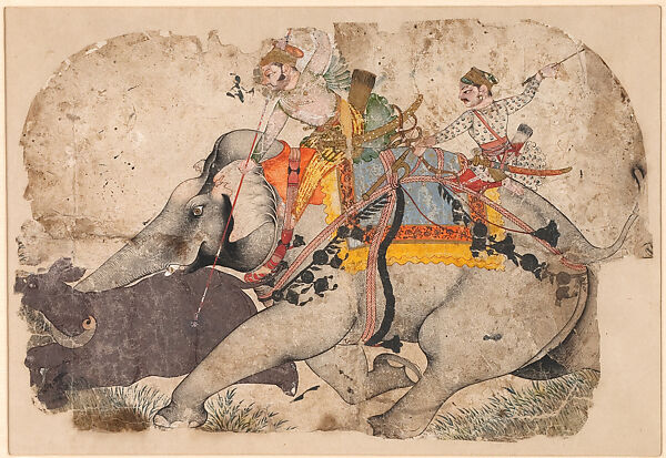 Ram Singh I of Kota Hunting Rhinoceros, Attributed to Kota Master  A, Opaque watercolor on paper, India (Kota, Rajasthan) 