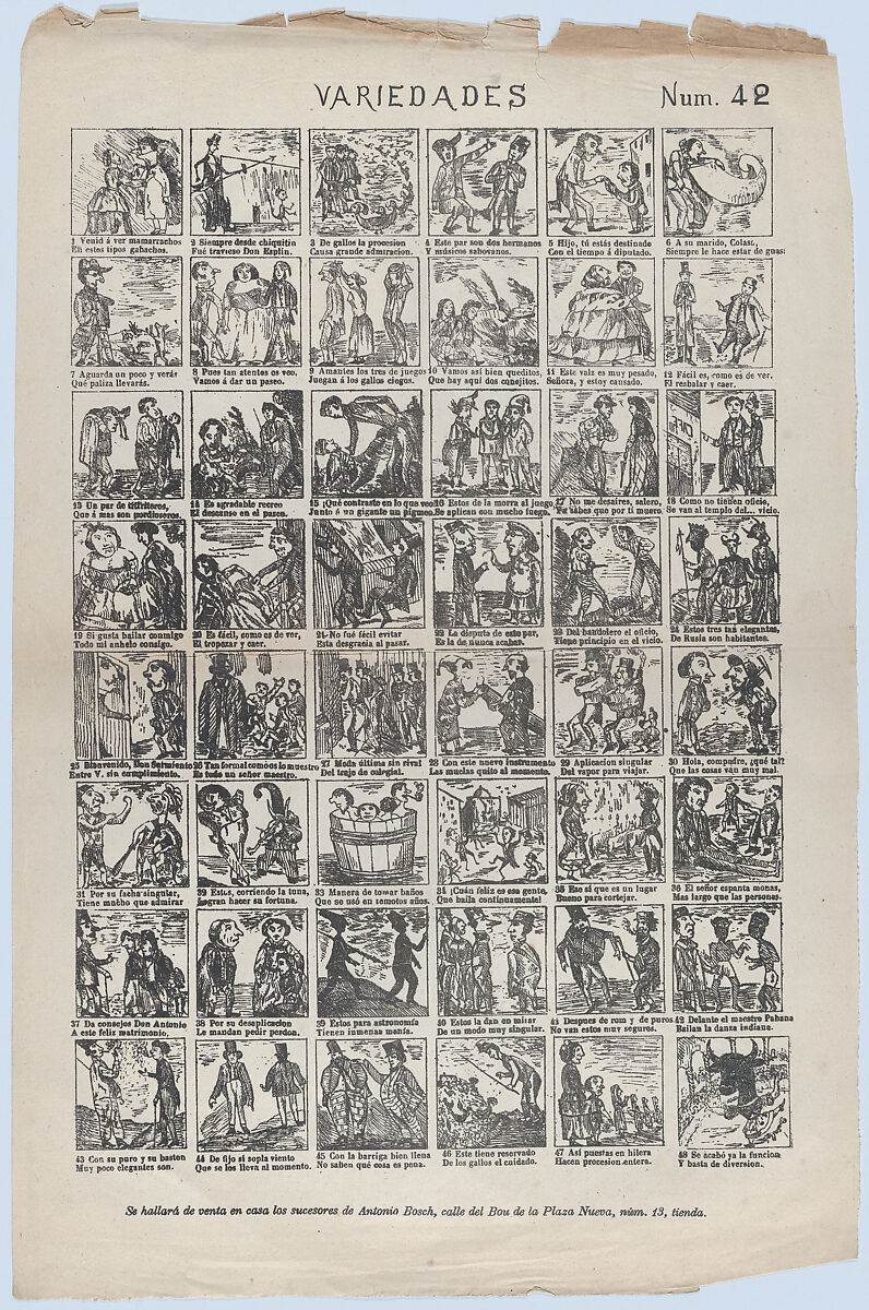 Broadside with 48 scenes of different subjects, Antonio Bosch (Spanish, active Barcelona, ca. 1860–1880), Etching (photo-relief?) 