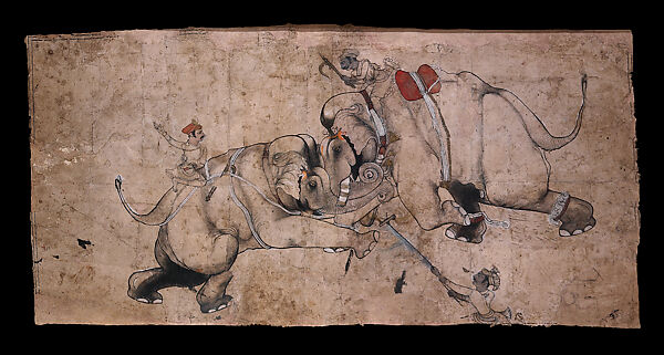Elephant Fight, Attributed to the Kota Master (Indian, active early 18th century), Opaque watercolor, ink and gold on paper, India, Rajasthan, Kota 