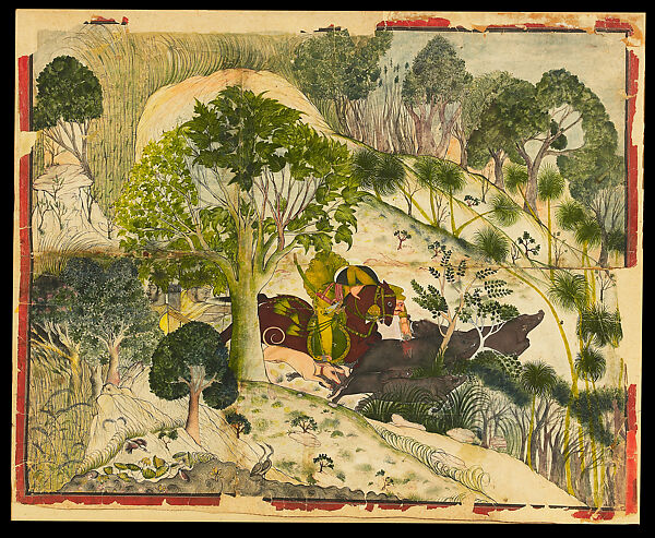 Maharao Madho Singh Hunting Wild Boar, Attributed to the Kota Master (Indian, active early 18th century), Opaque watercolor, gold and tin on gold paper, India, Rajasthan, Kota 