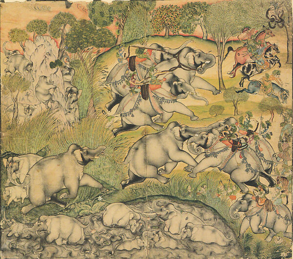 The Elephant Hunt, Attributed to Niju, Opaque watercolor and gold on paper, India, Rajasthan, Kota