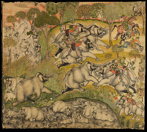 The Elephant Hunt, Niju  Indian, Opaque watercolor and gold on paper, India, Rajasthan, Kota