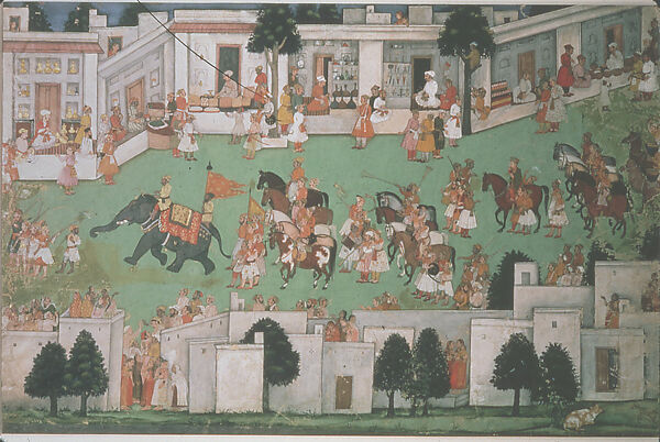 Marriage procession in a bazaar; from a Ramayana or Bhagavata Purana series, Opaque watercolor and gold on paper, India, Mandi, Himachal Pradesh