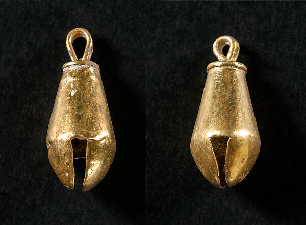 Pair of Pear-Shaped Bell Pendants, Gold, Mexica 