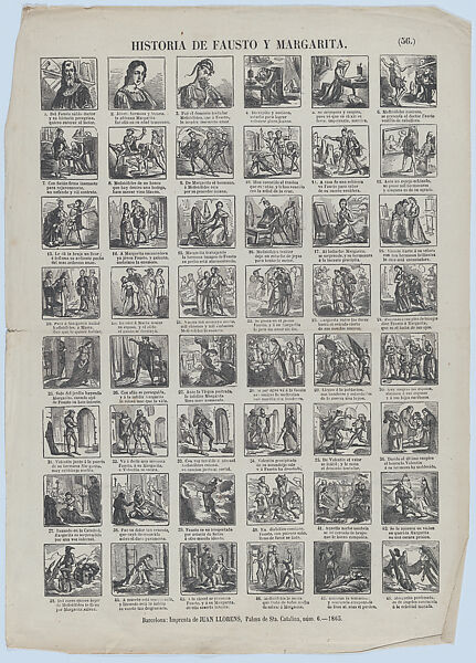 Broadside with 48 scenes illustrating the story of Faust and Marguerite, Saourni (Spanish, 19th century), Wood engraving on buff paper 
