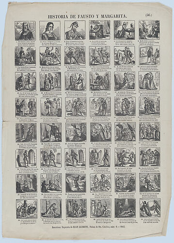 Broadside with 48 scenes illustrating the story of Faust and Marguerite