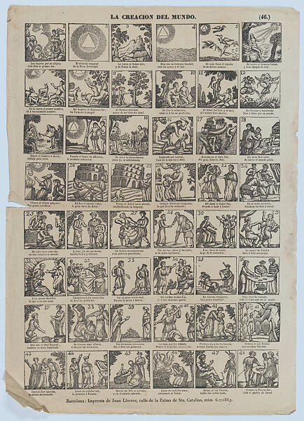 Broadside with 48 scenes illustrating the creation of the world, Saourni (Spanish, 19th century), Wood engraving on buff paper 