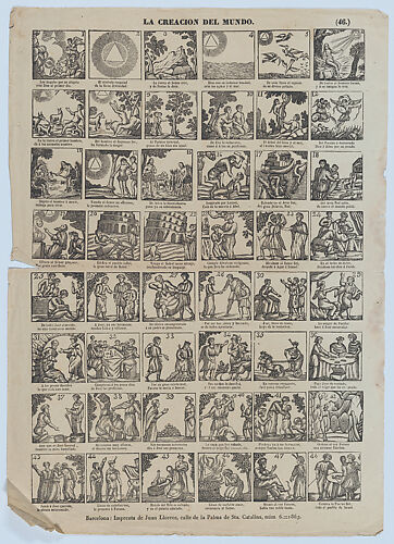 Broadside with 48 scenes illustrating the creation of the world