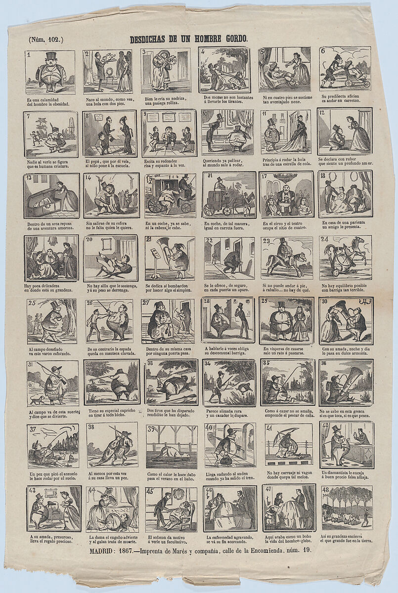 Broadside with 48 scenes illusrating  the misfortunes of a fat man, José María Marés (Spanish, active ca. 1850–70), Wood engraving 