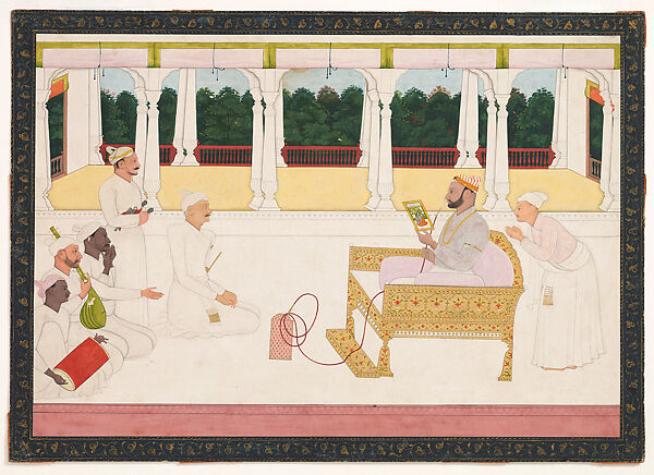 Raja Balwant Singh of Jasrota Viewing a Painting Presented by the Artist, Presumably Nainsukh, Attributed to Nainsukh (active ca. 1735–78), Opaque watercolor and gold on paper, India (Jasrota, Himachal Pradesh) 