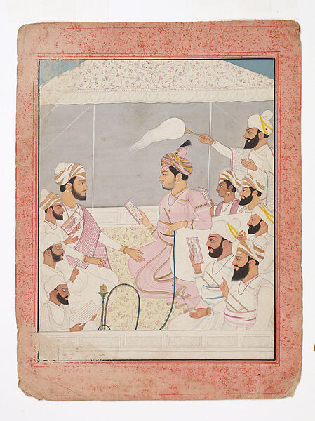 Maharaja Sansar Chand of Kangra Enjoys Paintings with His Courtiers, Attributed to Purkhu (active ca. 1780–1820), Opaque watercolor on paper, India (Kangra, Himachal Pradesh) 