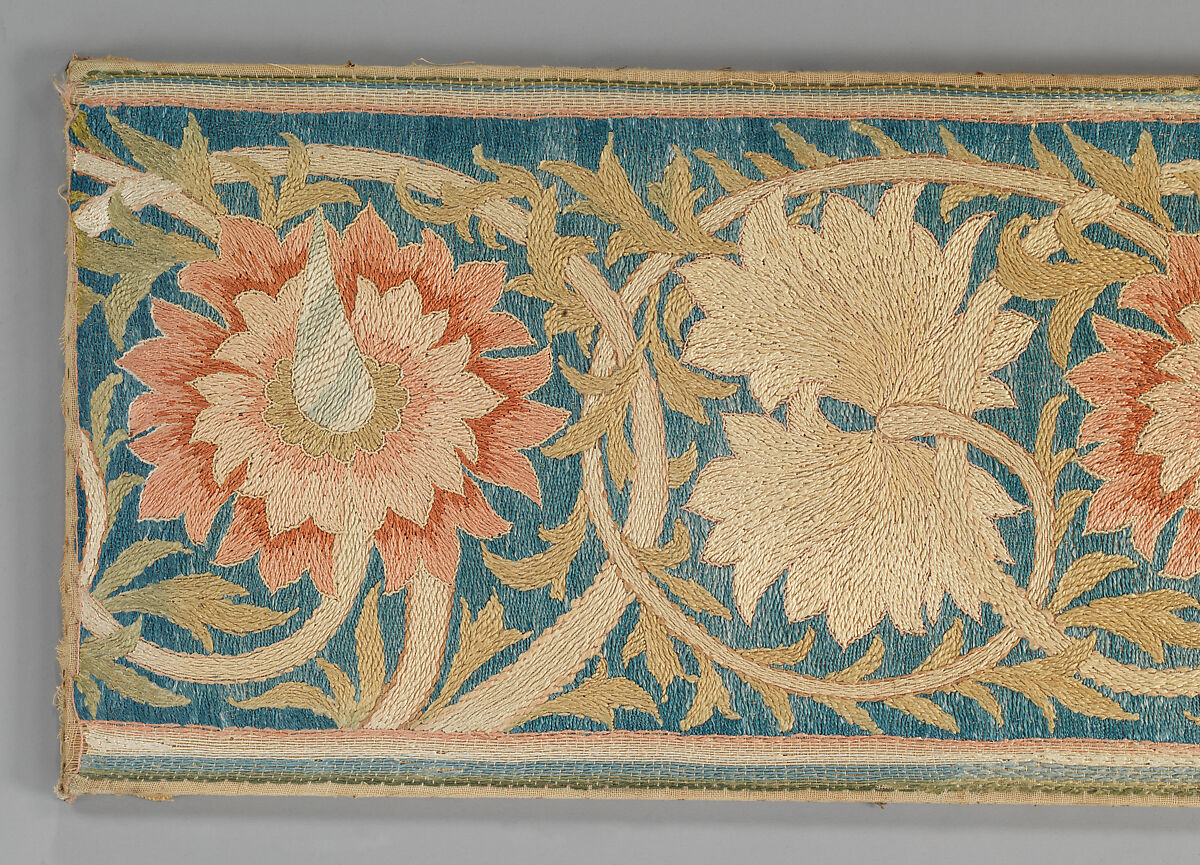 Five pink flowers with foliated tendrils, Morris &amp; Company, Linen embroidered with silk, in non-original frame, British