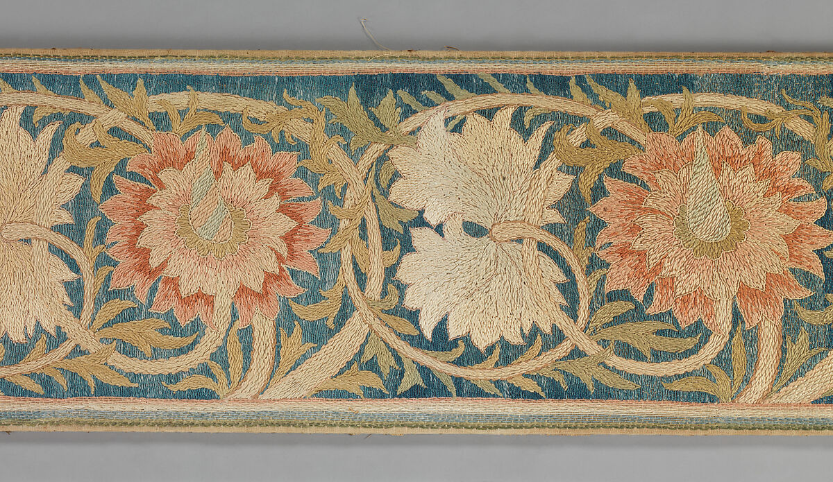 Five pink flowers with foliated tendrils, Morris &amp; Company, Linen embroidered with silk, in non-original frame, British