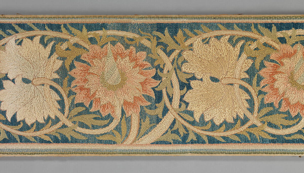 Five pink flowers with foliated tendrils, Morris &amp; Company, Linen embroidered with silk, in non-original frame, British