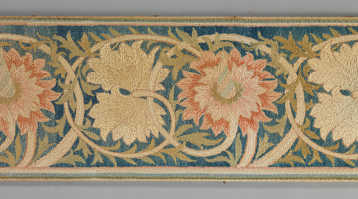 Five pink flowers with foliated tendrils, Morris &amp; Company, Linen embroidered with silk, in non-original frame, British