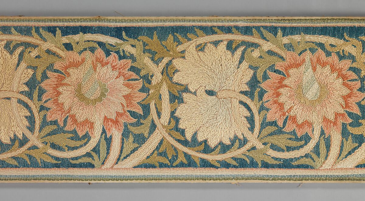 Five pink flowers with foliated tendrils, Morris &amp; Company, Linen embroidered with silk, in non-original frame, British