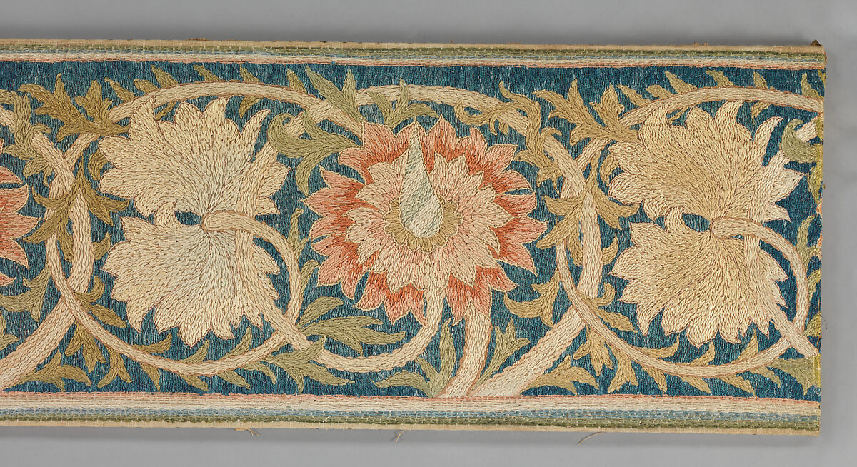 Five pink flowers with foliated tendrils, Morris &amp; Company, Linen embroidered with silk, in non-original frame, British